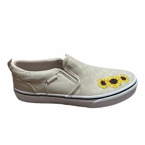Vans Women's Beige/Sage Green Checkered with Sunflower Design Slip-on Sneakers
